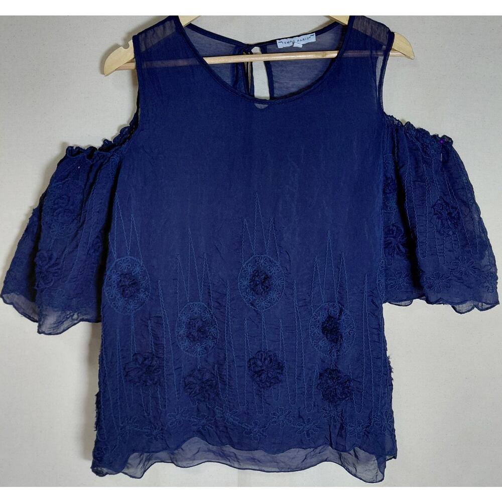 TEMPO PARIS Blue Cold Shoulder Top Floral Chiffon Short Sleeve Women Size S
